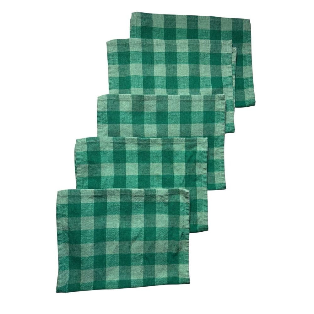 Crate & Barrel Set of 5 Plaid Gingham Placemats 100% Cotton Green Made in India